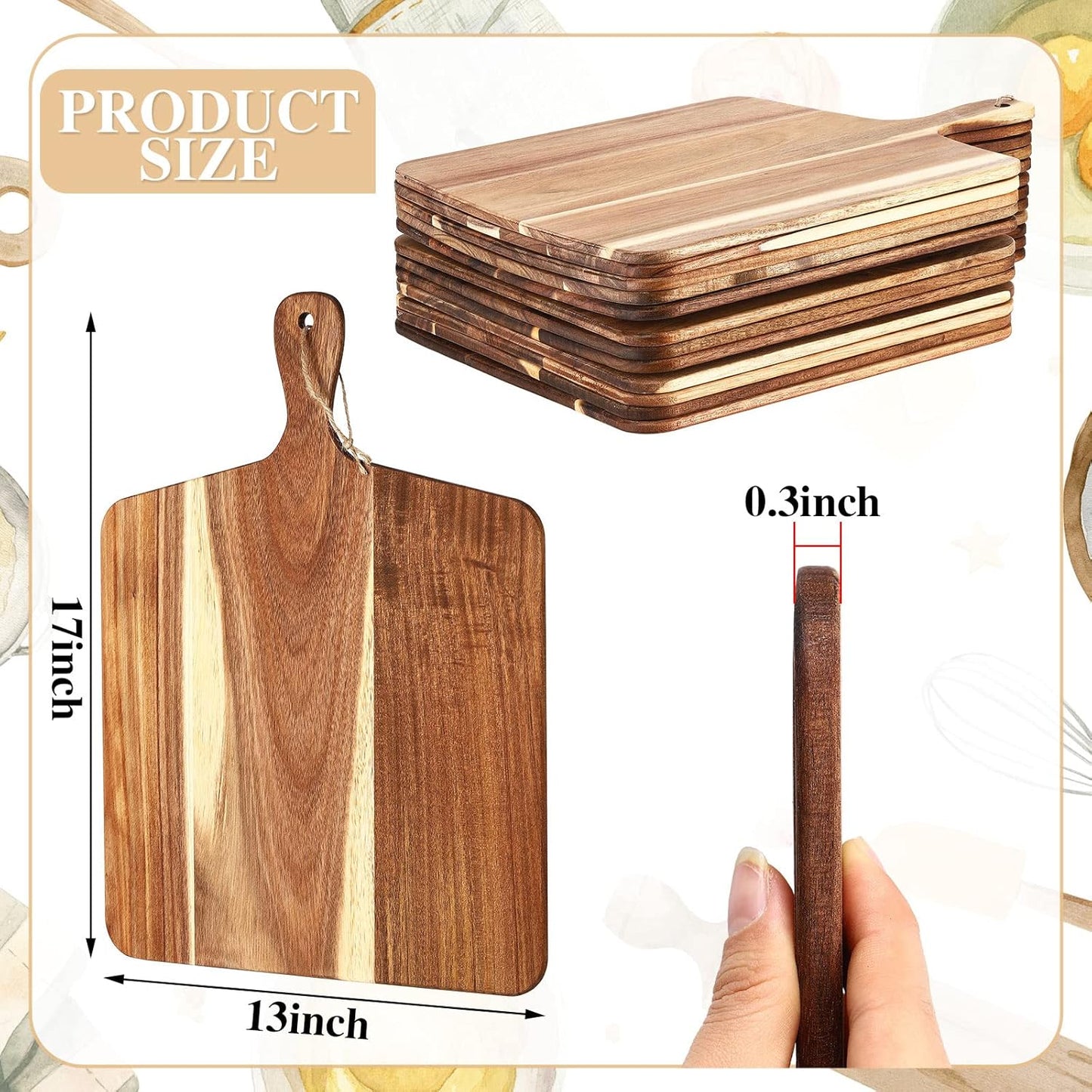 Patelai 12 Packs Wooden Cutting Board Set with Handles Large Kitchen Serving Plain Chopping Board Bulk Gifts for Mom for Vegetables Meat Pizza Cheese Fruit Bread(Acacia Wood,17 x 13 Inch)