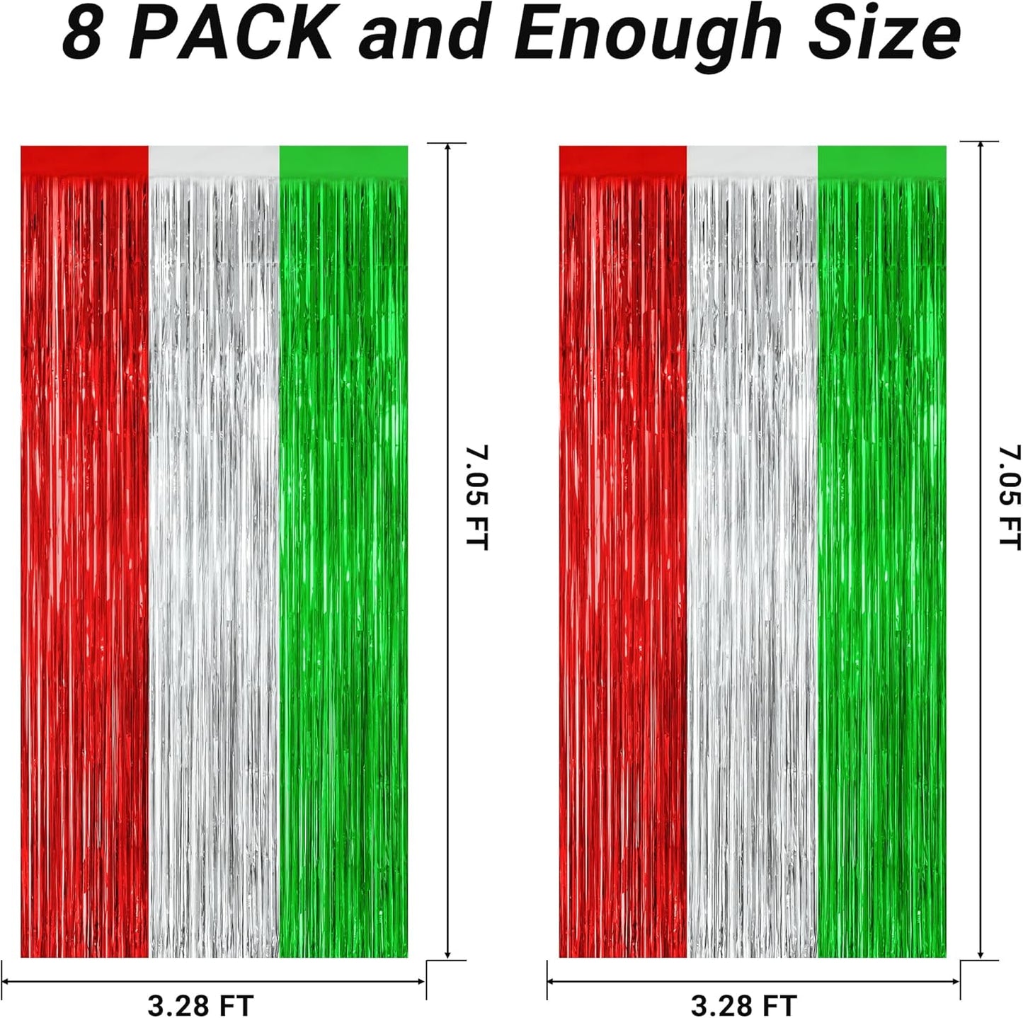 8 Pack Christmas Photo Backdrop, 3.28 FT x 7.05 FT Red Silver Green Party Streamer, Metallic Foil Fringe Curtains Tinsel Backdrop, Christmas Photo Booth Props Door Decor Party Supplies