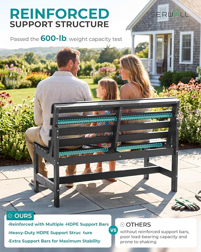 SERWALL Outdoor Bench, All Weather HDPE Outdoor Benches, 2-Person Armless Porch - Image 7