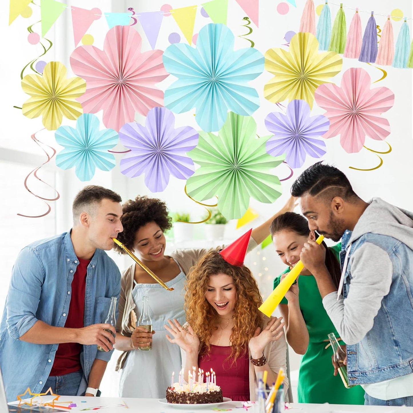 Pastel Rainbow Party Decorations, Pastel Birthday Decorations with Colorful Hanging Paper Flowers,Tassel Garland and Swirls for Boys Girls, Baby Showers Wedding Party Supplies