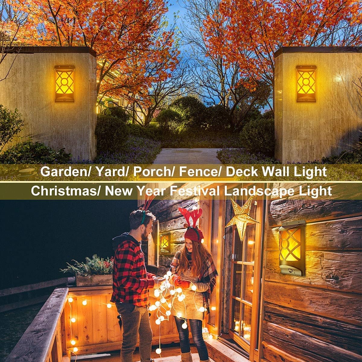 Solar Flame Lights Outdoor, Realistic 3D Flickering Flames with 66 Ultra-Bright LEDs - Waterproof Wall Mount Lanterns for Deck, Fence, Patio, Garden, Auto On/Off (4-Pack Value Set)