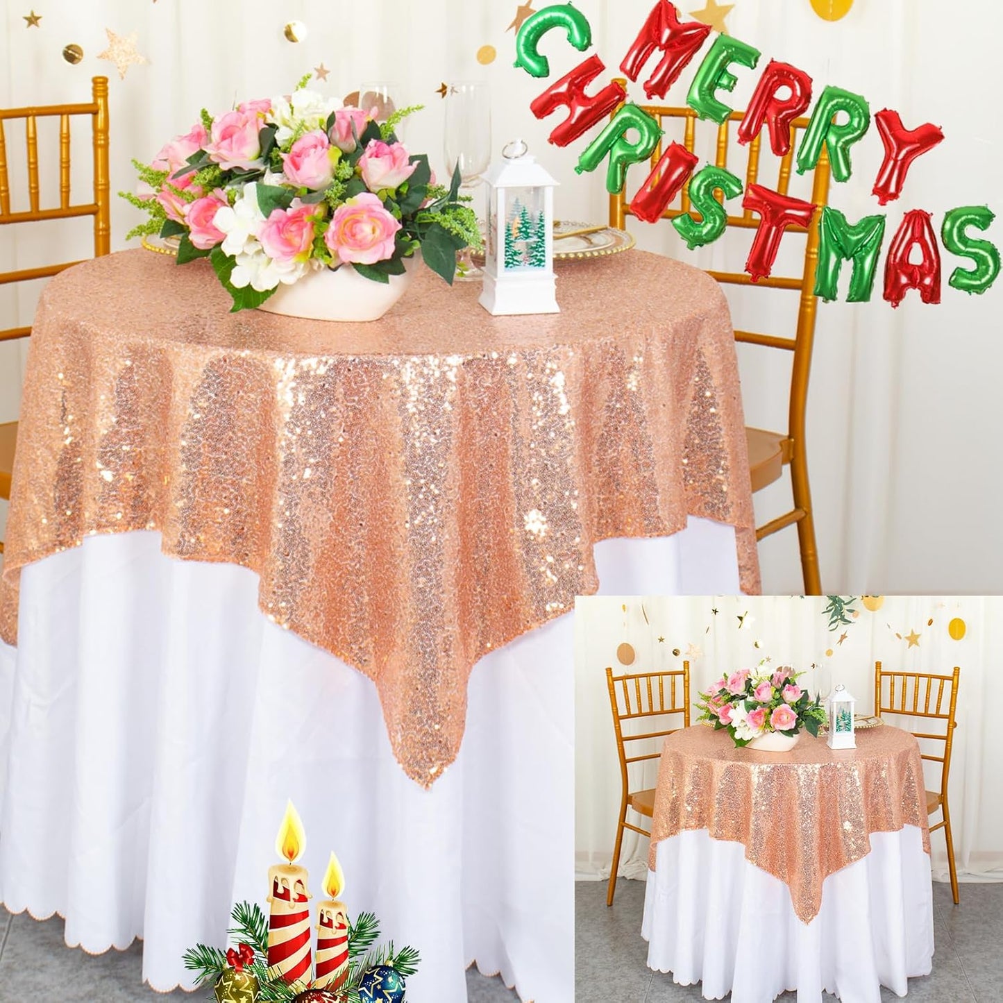 ShinyBeauty Rose Gold Tablecloths 36X36 Inch, 2 Pieces Sequin Table Cloth for Party Sparkle Table Cloth Square Rose Gold Shimmer Table Overlay Small Tablecloth Linen for Wedding, Birthday Tables