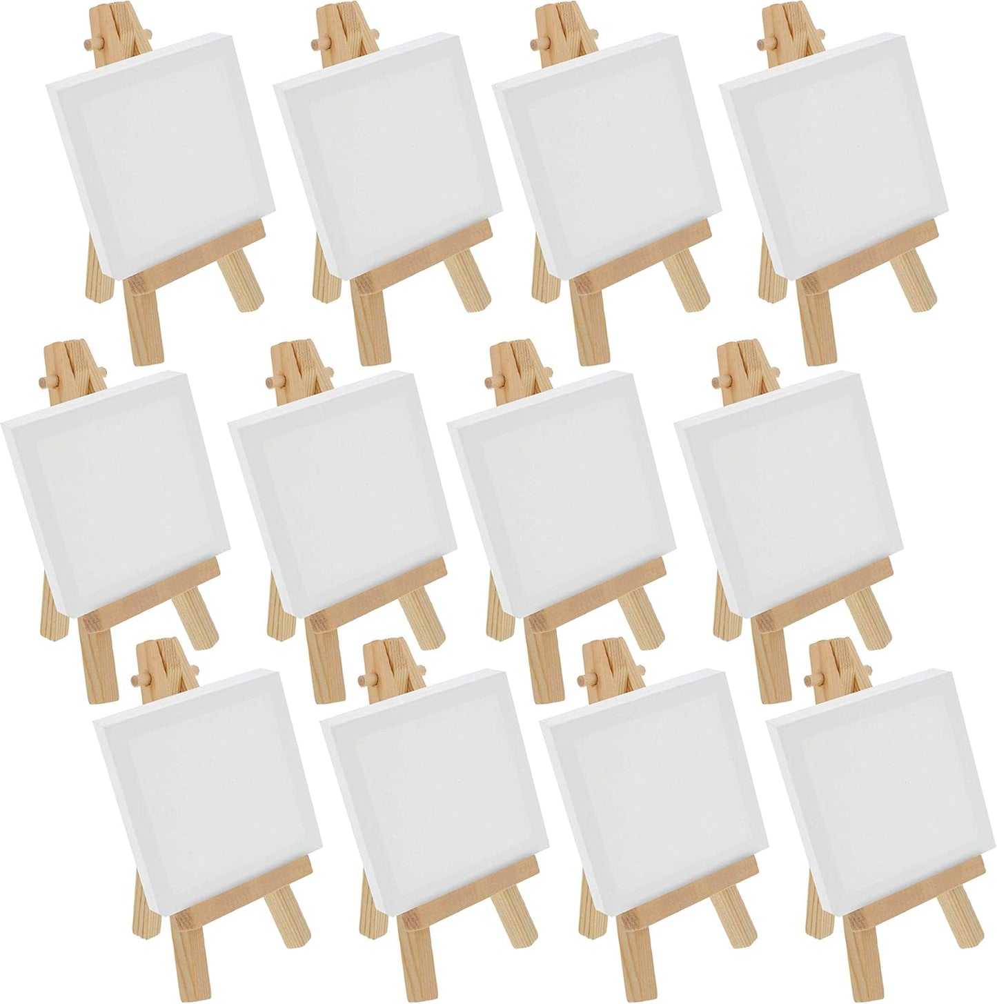 U.S. Art Supply 2" x 2" Stretched Canvas with 5" Mini Easel Kit (12 Pack) - Natural Wooden A-Frame Tabletop Display Stand, Mini Easel Stand - Small Easels for Display, Small Canvases, Crafts, Photos