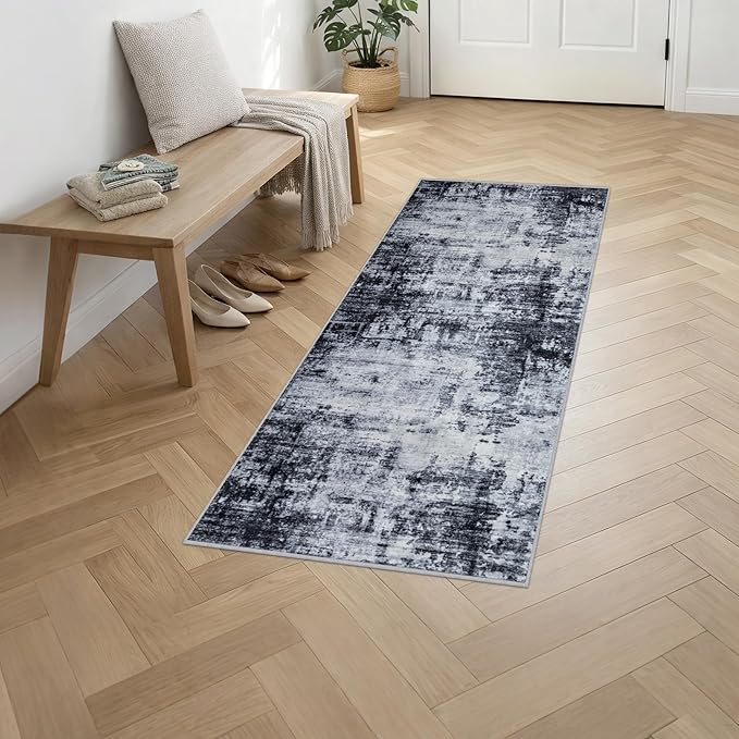 2'x6' Runner Rug Washable Rug: Modern Abstract Soft Thin Runner Rug Dark Black - Image 3