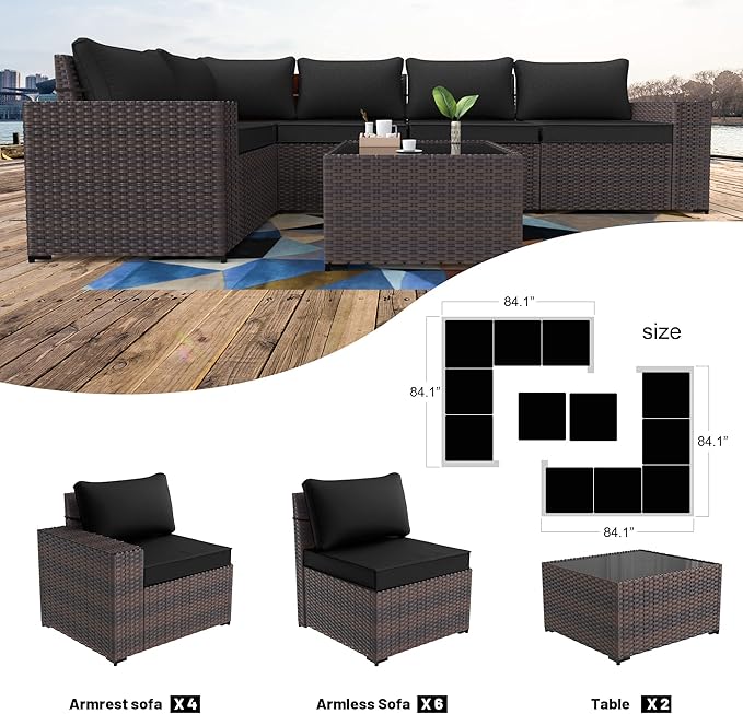Kullavik Outdoor Patio Furniture Set, 12 Pieces Sectional Rattan Sofa Set Brown - Image 6