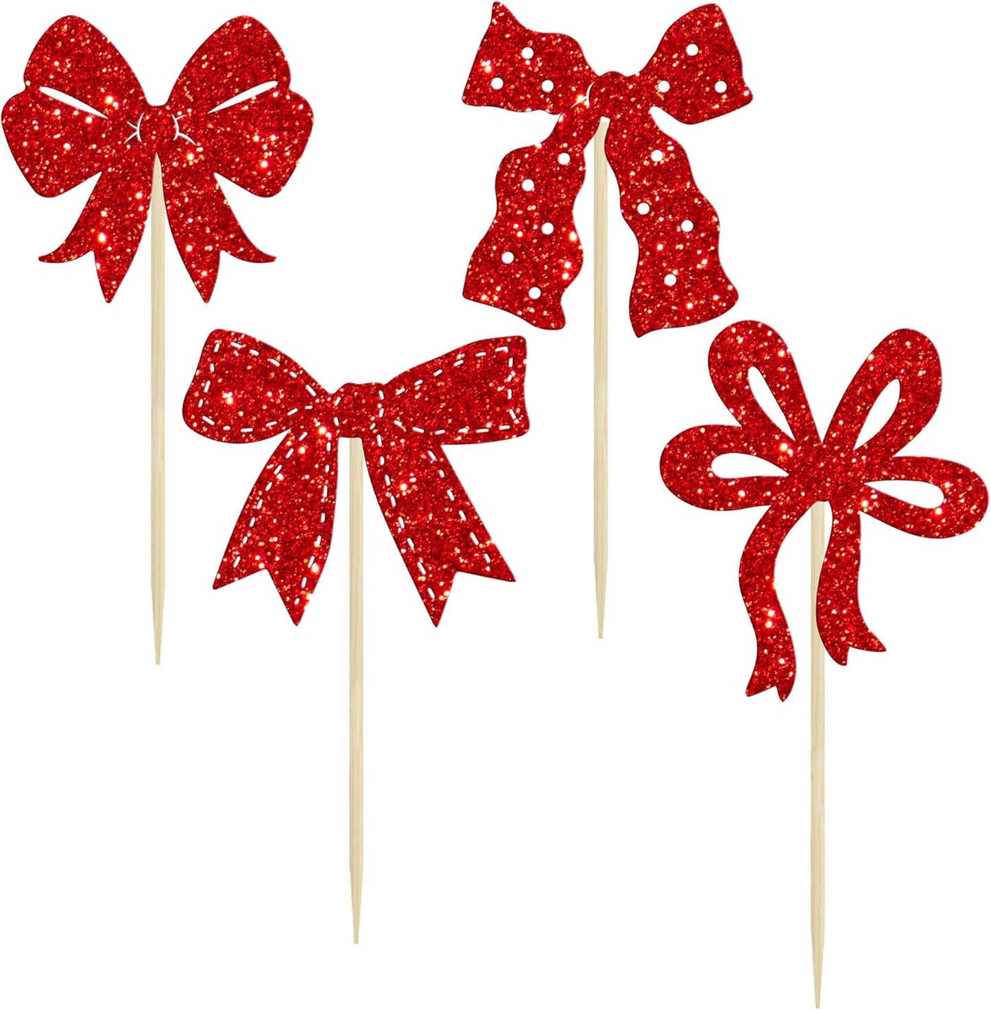 Ephlyn 24Pcs Bow Cupcake Toppers Bow Birthday Cake Topper Girls Birthday Party Decorations Bowknot Cupcake Decorations for Bridal Baby Shower Birthday Wedding Themed Party Red