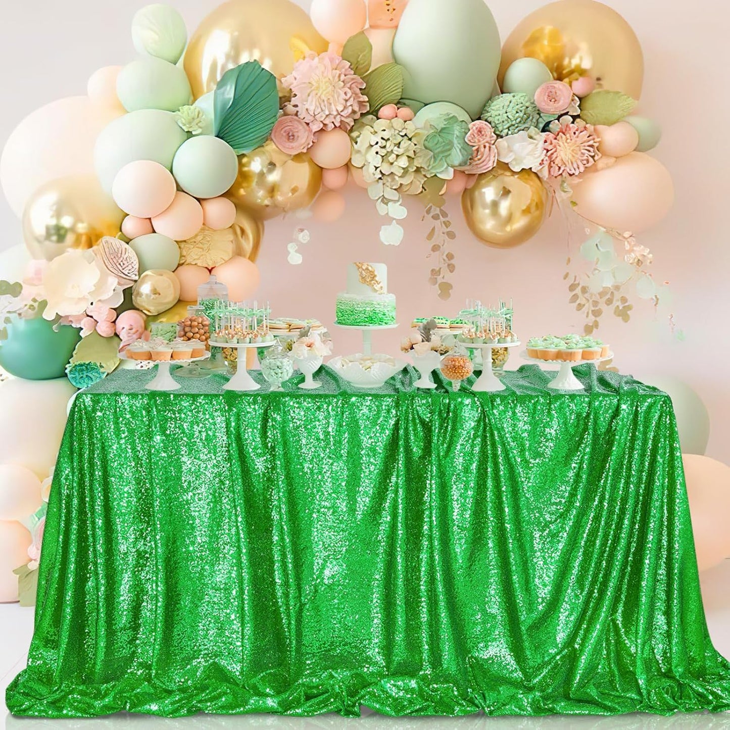 QueenDream Sequin Tablecloth - Green Party Tablecloth 90x156 Inch Green Glitter Table Cloth Sequin Fabric for Birthday Birdal Baby Shower Wedding
