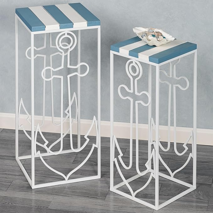 Nautical Anchor Slat Wood and Metal Nesting Table Set of 2, 27 and 30 Inches - Image 2