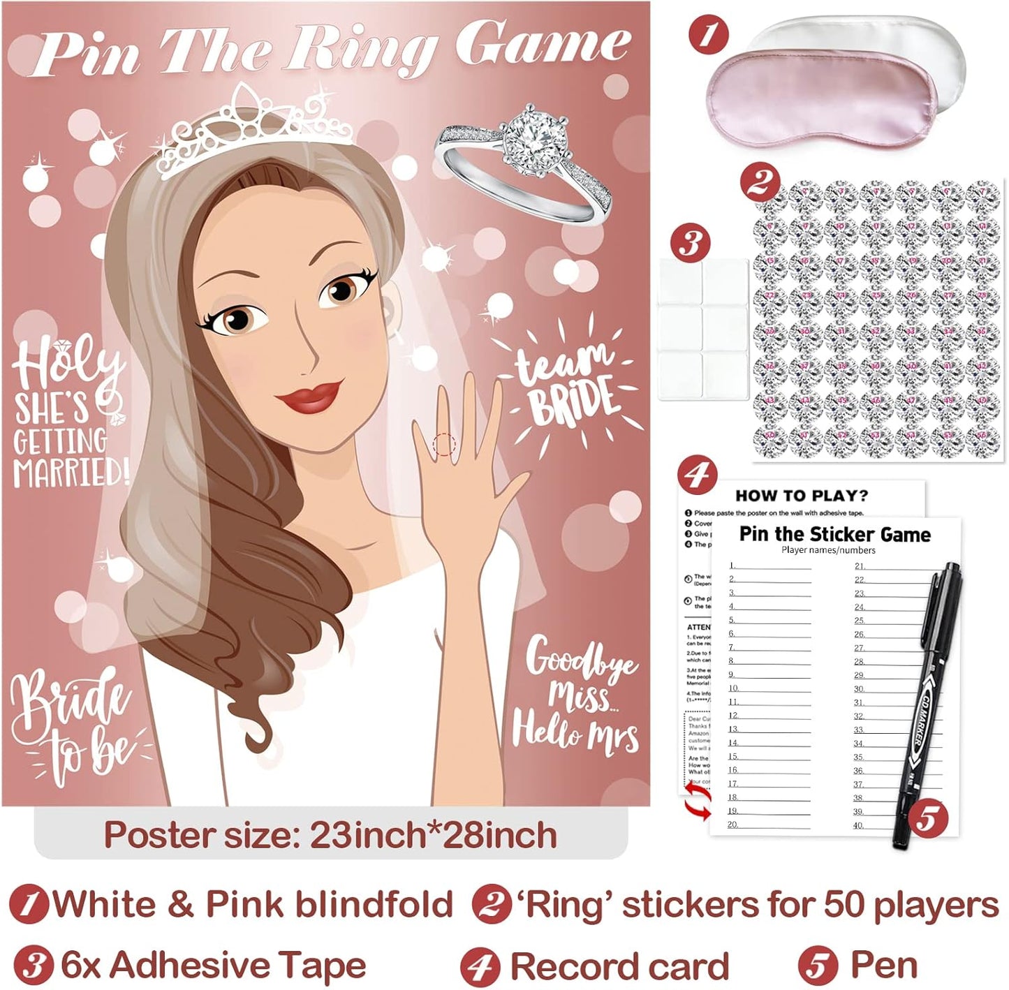 Bridal Shower Games, Pin The Ring On The Bride, Bridal Shower Engagement Wedding Shower Bachelorette Party Games 50 Guests