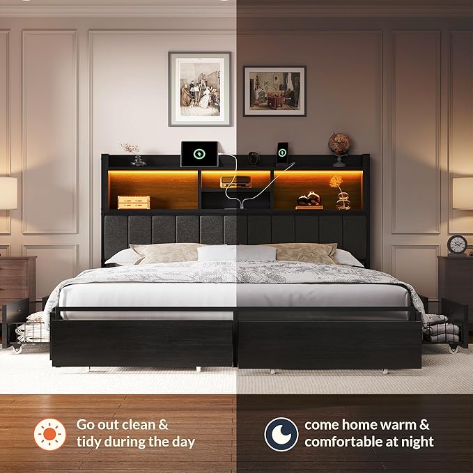 LARMACE King Bed Frame with 6 Storage Drawers, Bed Frame King Size with Linen - Image 8
