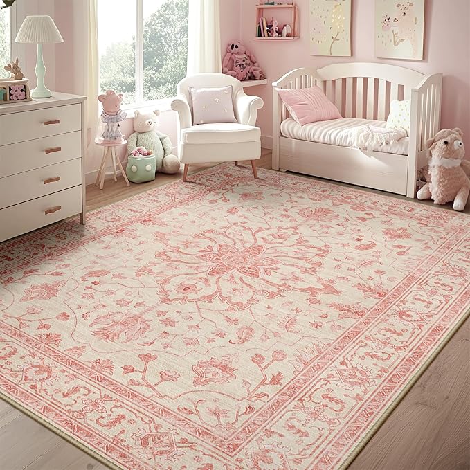 RELEANY Area Rugs 5'x7' Washable Non-Slip, Floral Vintage Distress Print by RELEANY