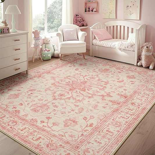 RELEANY Area Rugs 5'x7' Washable Non-Slip, Floral Vintage Distress Print by RELEANY