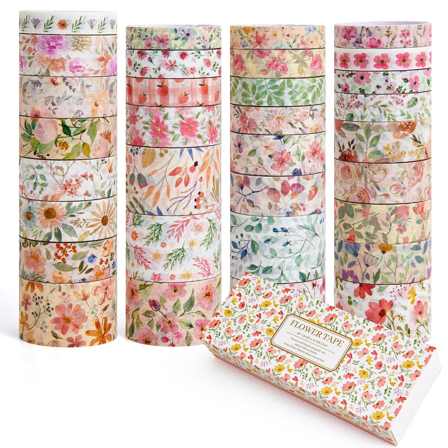 32 Rolls Washi Tape Set, Colored Floral Decorative Masking Tape, Artists Tapes for Journaling, Junk Journal, DIY Craft Projects, Scrapbooking Supplies Decor