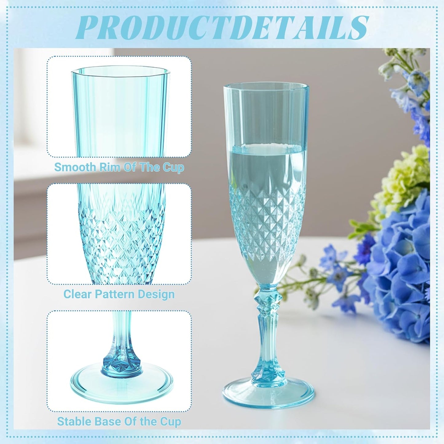 Plastic Champagne Flutes, 48PCS Light Cyan Wine Glasses Goblets Cups Reusable Flute, for Weddings Bachelor Parties Toasting and Events(48, Light Cyan)