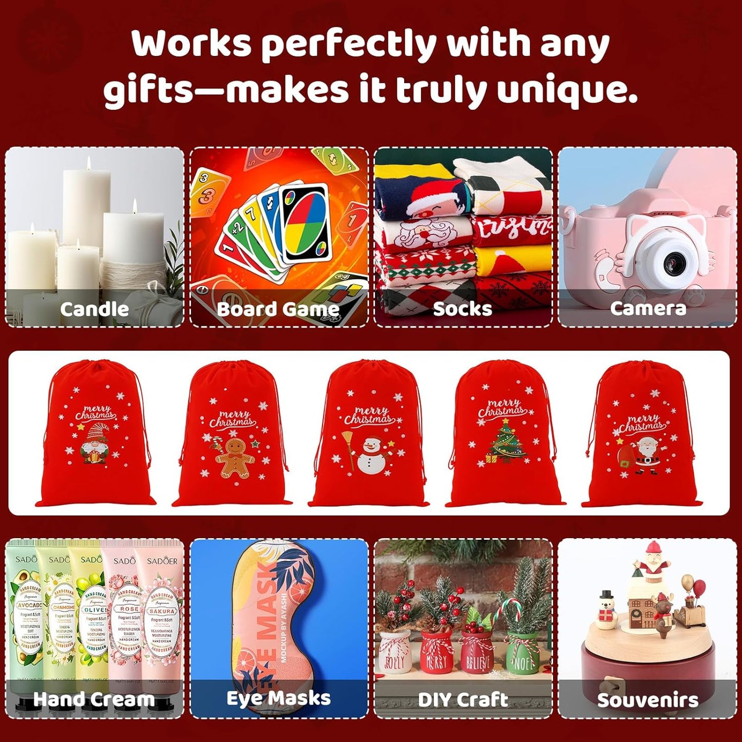 Tapleap Velvet Coth Christmas Bags with Drawstring, 50Pcs 7x10 for Wrapping Christmas Party Favors or Gifts for Friends, Small Bussiness, Coworkers