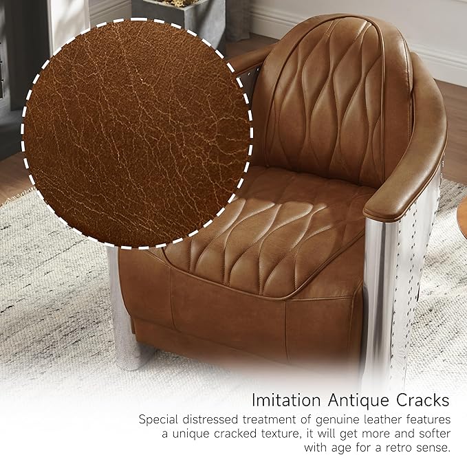 Art Leon Genuine Leather Chair, Mid Century Industrial Accent Arm Chair - Image 5