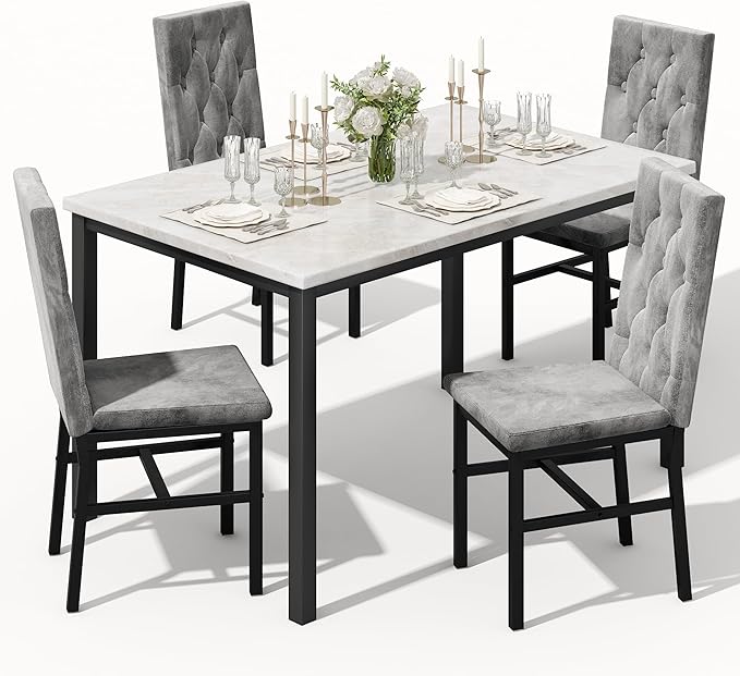 Hooseng Dining Table Set for 4, Faux Marble Small Kitchen Table Chairs Set of 4 by Hooseng