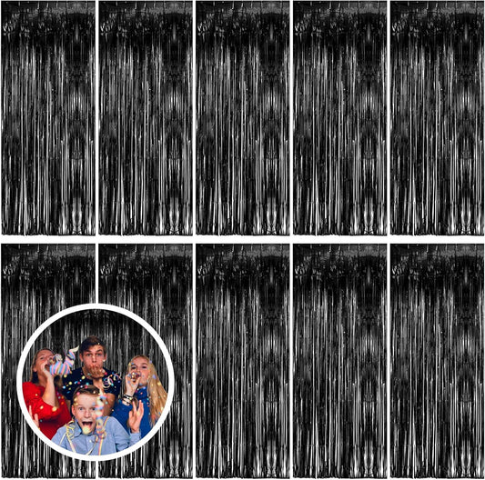 10 Pack Black Party Streamers Backdrop Tinsel Foil Fringe Curtains Halloween Birthday Party Decorations Graduation Wizard Party Supplies