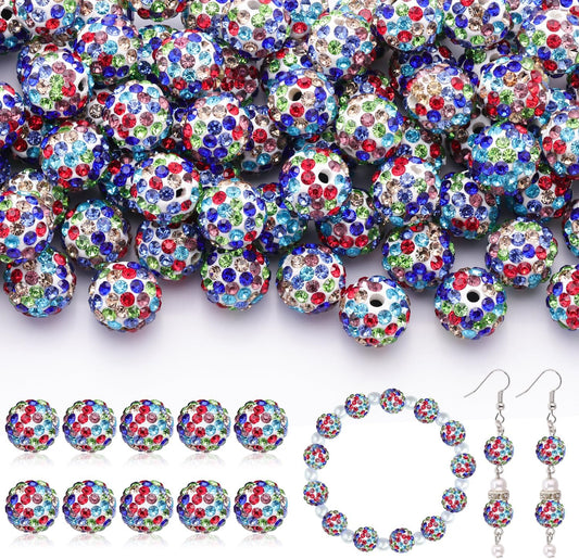 105pcs 10mm Rhinestone Beads for Jewelry Making, White Mixed Shiny Round Disco Ball Beads Bulk, Sparkle Crystal Clay Christmas for Bracelet Baseball Necklace Earring Crafting and DIY
