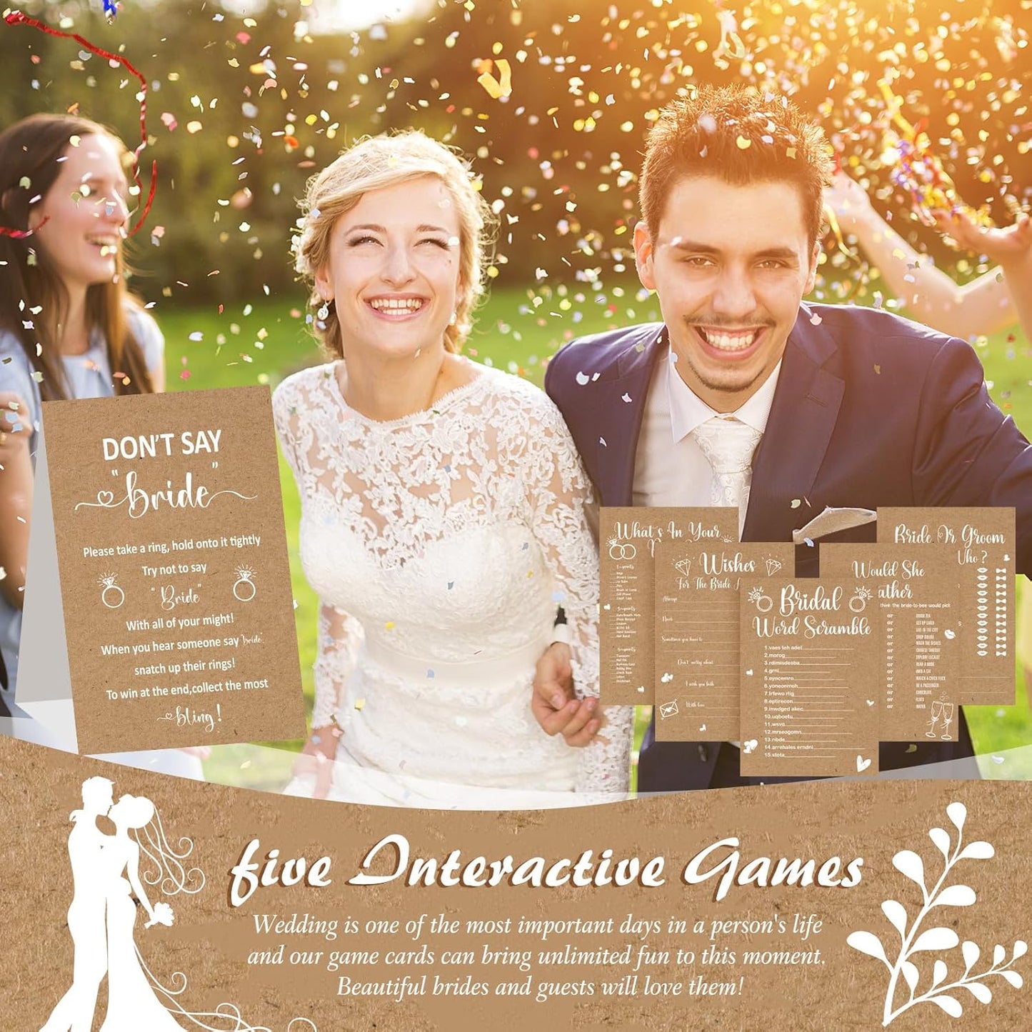 Estune 331 Pcs Bridal Shower Games Supplies, 5 Sets 250 Pcs Wedding Cards 1 Put a Ring on It Bridal Shower Games with 60 Rings and 20 Pencils(Rustic Kraft)