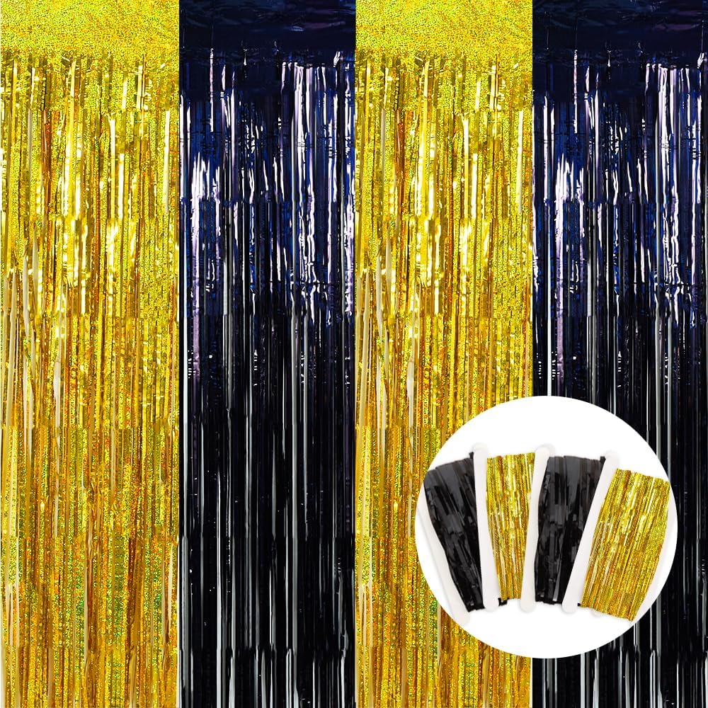BEISHIDA 4 Pcs Black and Gold Party Streamers Fringe Foil Curtain Backdrop Tinsel Background Party Decoration for Door Wall Graduation Birthday Wedding Anniversary Christmas Party Decoration