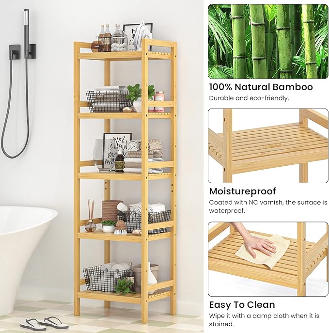 Homykic Bamboo Bookshelf, 5-Tier Narrow 55.9” Adjustable Book Shelf Bookcase - Image 6