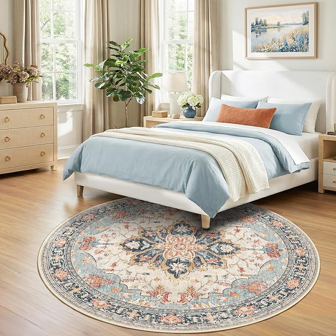 RELEANY Area Rugs Round 7ft Washable Non-Slip, Floral Vintage Distress Print - Image 2