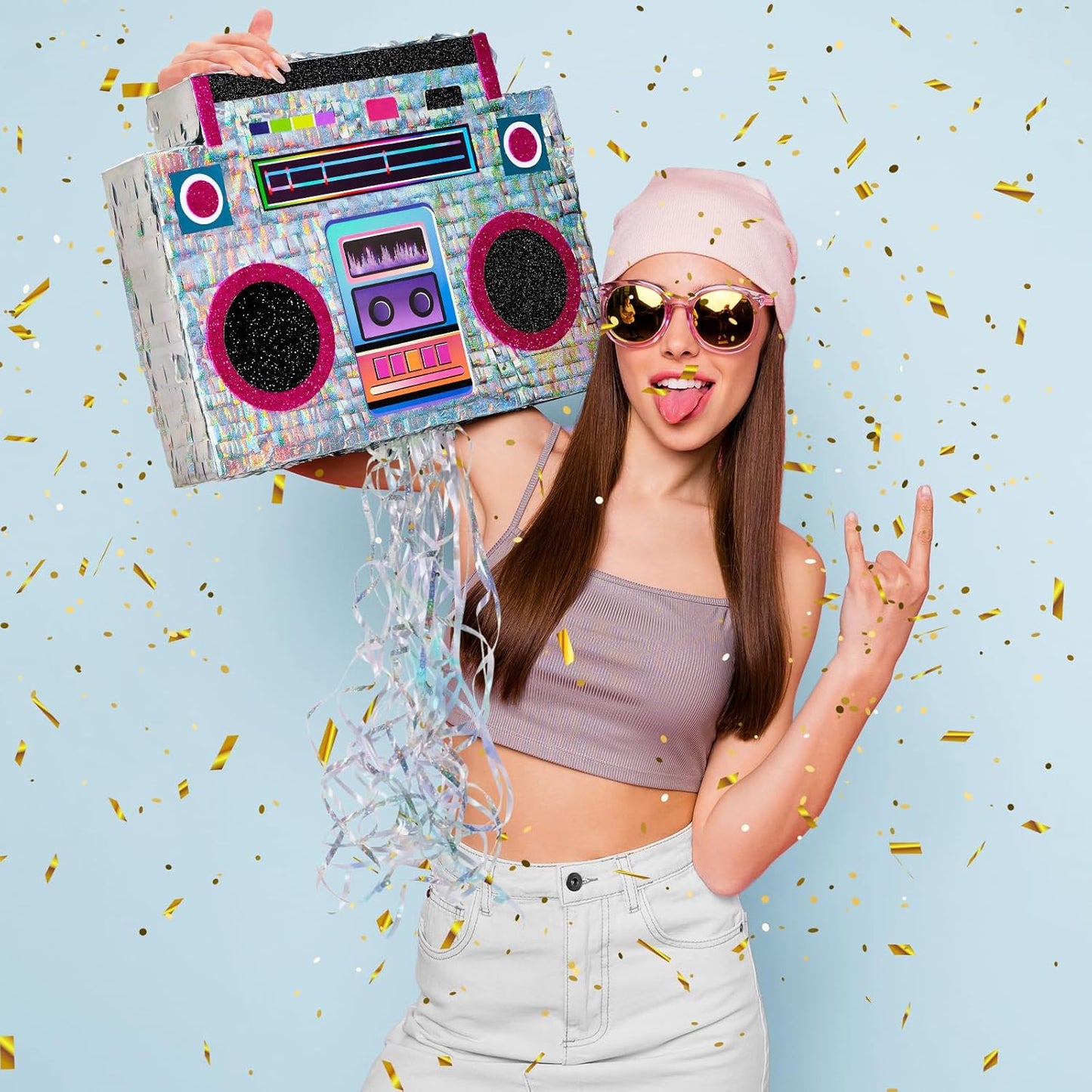 WERNNSAI Music Player Piñata - 80s and 90s Theme Party Decorations Piñata Bundle with Blindfold and Bat Music Piñata for Adults Kids Birthday Hip Hop Theme Party(12.5" x 16.5" x 3")