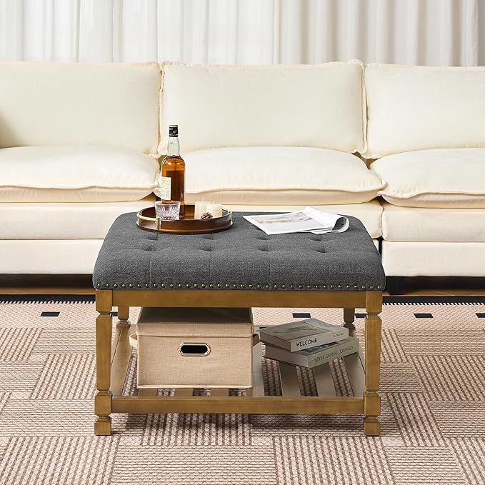 Befurtori Large Square Ottoman Coffee Table, Linen Solid Upholstered Footrest - Image 4