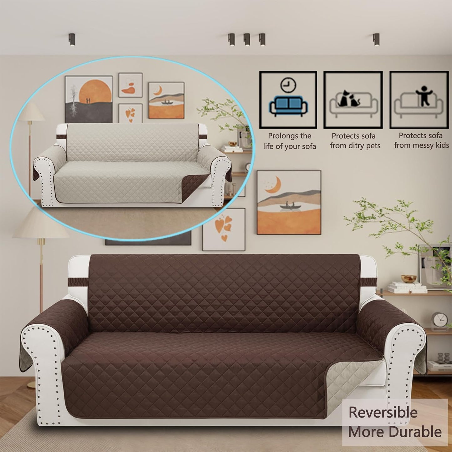 Reversible 4 Seater Sofa Cover 91 Inch Large Couch Cover Furniture Protector(Sofa XX-Large,Chocolate/Beige)