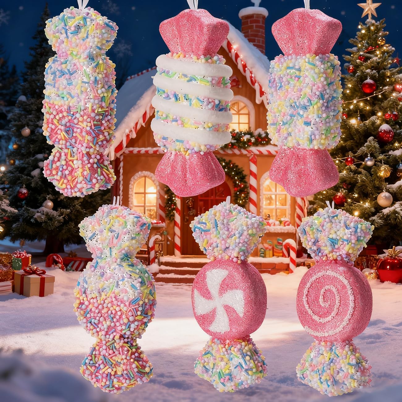 LANGXUN 6pcs Candy Land 2025 Xmas Birthday Party Wedding Suppiles Decoration, Hanging Candy Cane Christmas Tree Décor, Christmas Decorative Hanging Ornaments Crafts