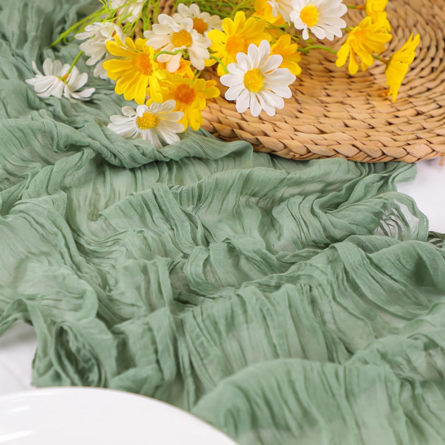 Snowkingdom Sage Green Cheesecloth Table Runner, 160 Inch 13 Ft Rustic Boho Sheer Gauze Cheese Cloth Runner for Wedding Bridal Baby Shower Birthday Home Party Table Centerpiece Deocrations