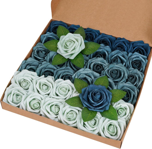 BLEUM CADE 36Pcs Artificial Flowers Fake Roses with Stems, Gradient Misty Blue Boxed Foam Roses for DIY Bouquets Centerpieces Wedding Party Arrangement Bridal Shower Decor