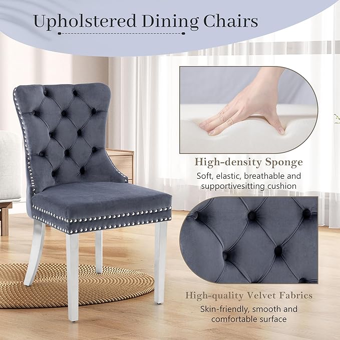 KCC Velvet Dining Chairs Set of 2, Upholstered High-end Tufted Dining Room Chair - Image 3