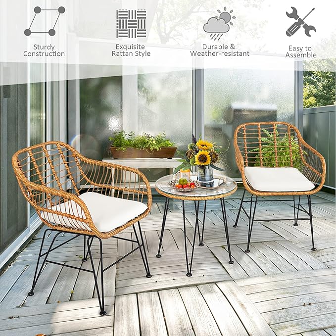 Tangkula 3 Pieces Patio Bistro Set, Rattan Conversation Set - Image 8