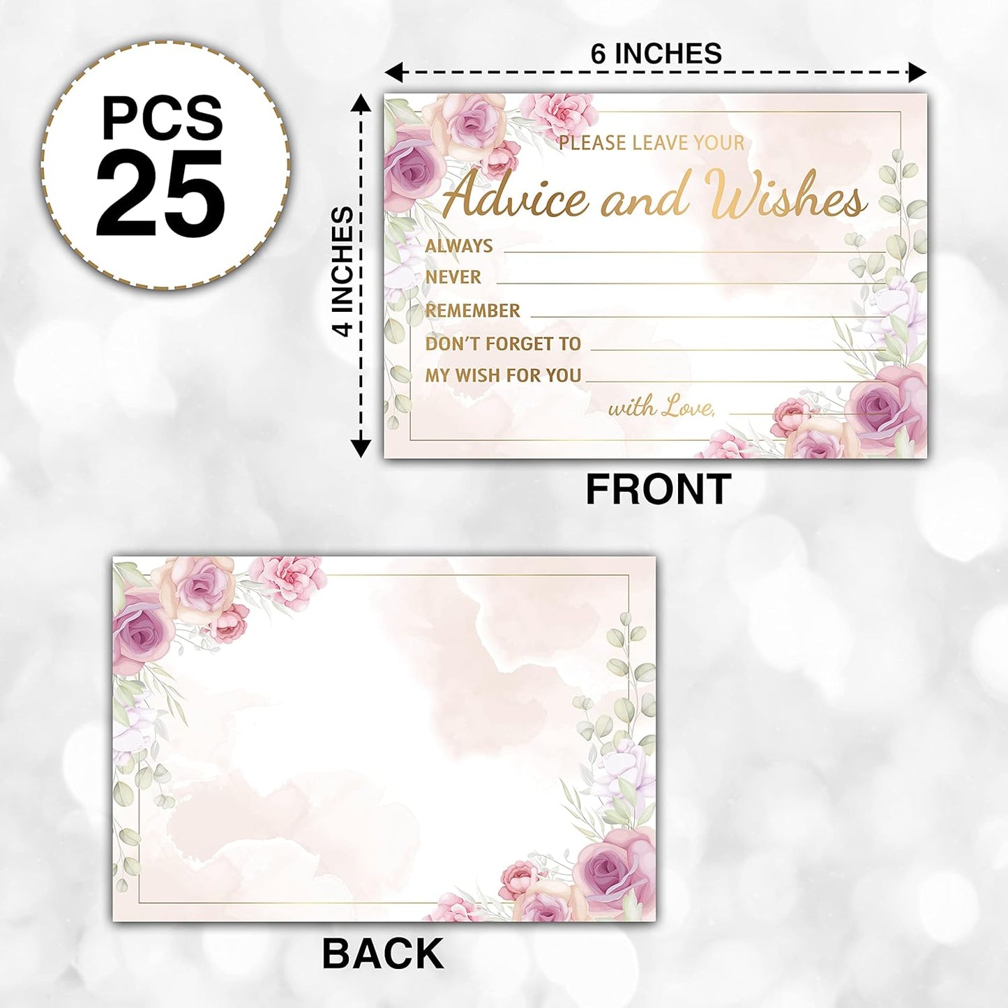 Purple Floral Advice and Wishes Cards, 25 Pcs Blush Pink Double Sided Advice Cards for The Bride and Groom, Mr and Mrs, Bride Shower, Wedding Reception, Engagement Party(09)
