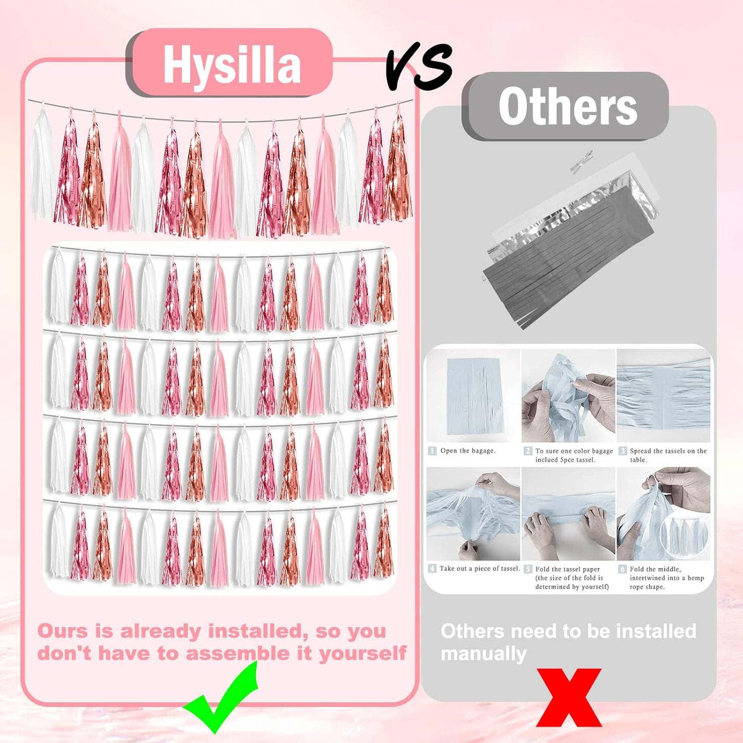 4P Pink White Peach Rose Gold Tassels Party Tassel Garland Banner, Tassels Banner Streamers for Parade Floats, Bachelorette, Wedding, Birthday, Christmas, Bridal/Baby Shower Party Decorations