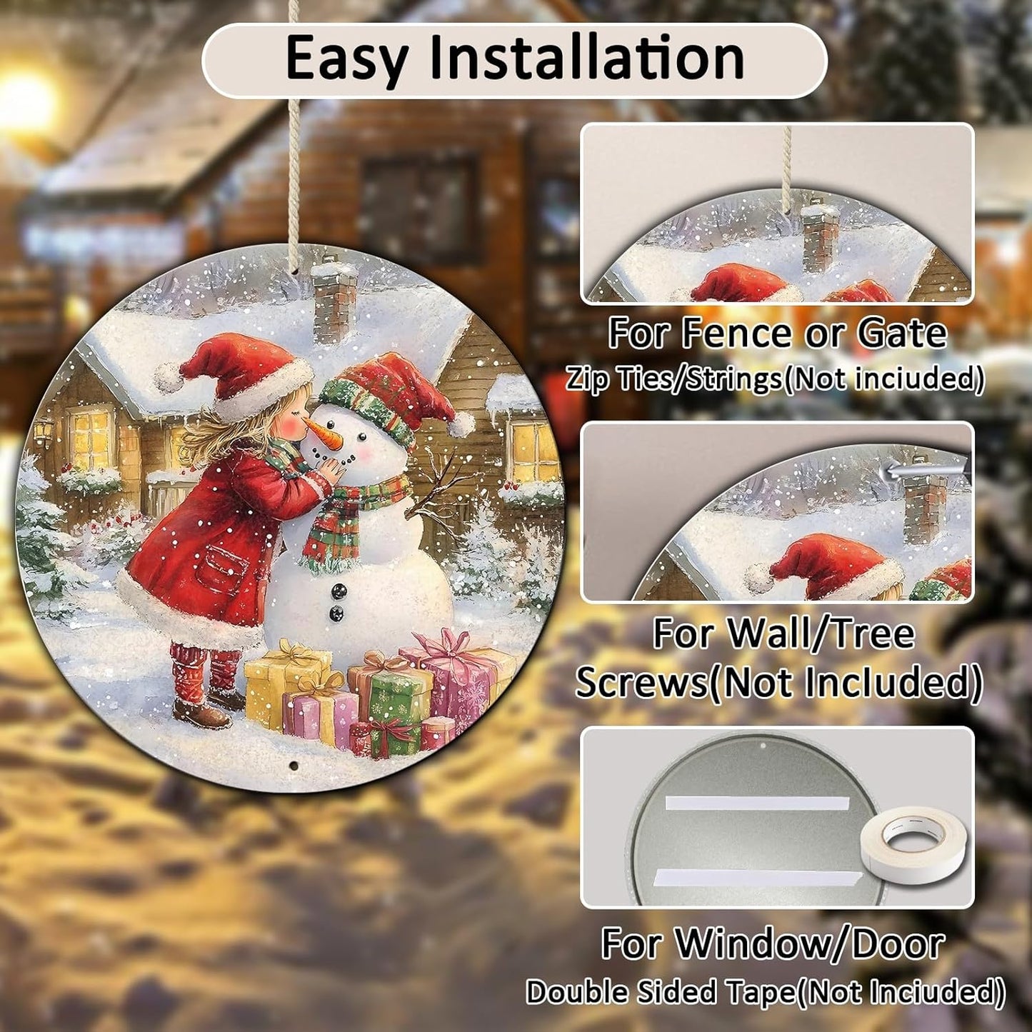 Round Wall Decor Metal Sign - Girl & Snowman Rustic Wall Plaque - Christmas Wreath Sign - 8*8 in