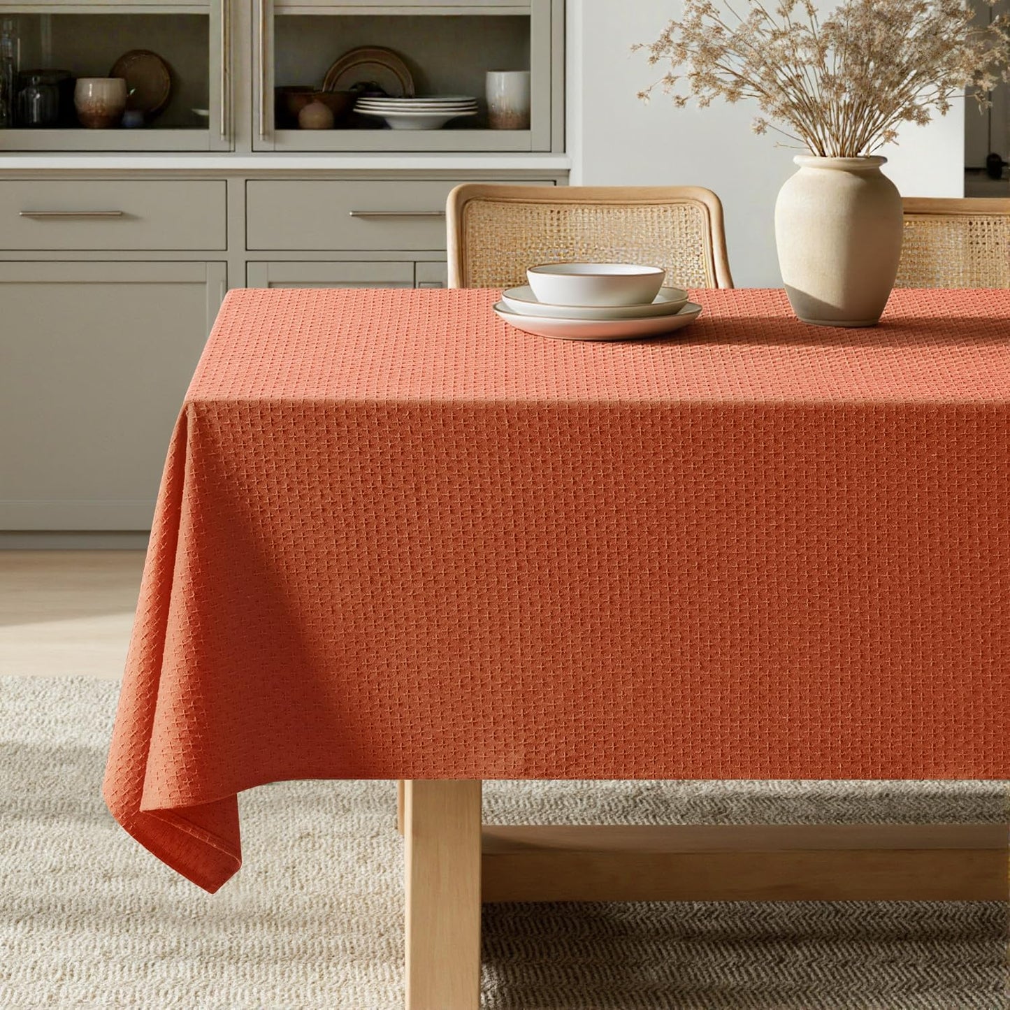 MIULEE Fall Tablecloth Burnt Orange Linen Cottton Table Cloth Rectangle Waterproof Spillproof Cross-Star Textured Decorative Farmhouse Style for Dining Party Weddings 52x70 Inch