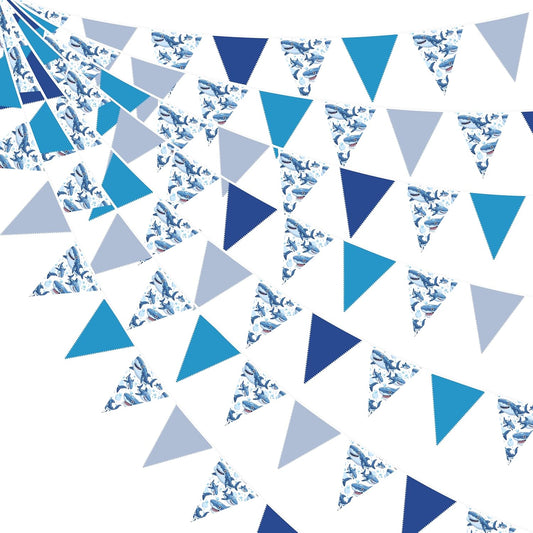 32Ft Shark Party Decorations Blue Cute Shark Triangle Flag Pennant Banner Fabric Garland Streamer for Kids Boys Ocean Birthday Sea Animal Nautical Baby Shower Under The Sea Party Decor Supplies