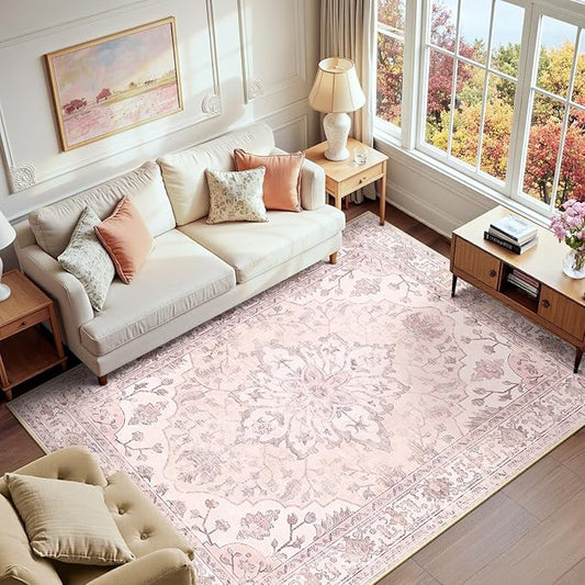 RELEANY Area Rugs 6'x9' Washable Non-Slip, Floral Vintage Distress Print by RELEANY