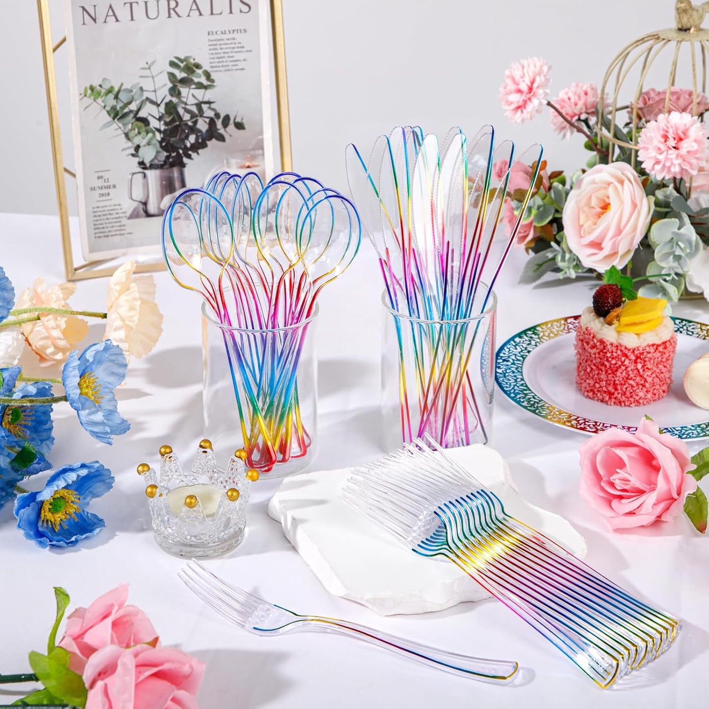 Supernal 120 PCS Clear Plastic Silverware Heavy Duty - Disposable Utensils Rainbow Colorful Silverware Set Include 40 Forks, 40 Knives and 40 Spoons for Trolls/Birthday Party, Baby Shower Decorations