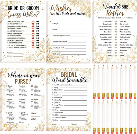 Teling 145 Pieces Bridal Shower Game Bridal Shower Favors Set Wedding Games Cards and Pencils for Bride Groom Bachelorette Party Wedding Party Favor(Golden Flower Style)