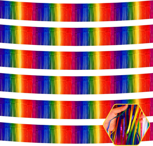 6 Pack 10 Feet Rainbow Foil Fringe Garland Metallic Tinsel Streamers Banner Wall Hanging Curtain Backdrop for Parade Floats, Birthday, Graduate, Mother's Day, Wedding Party Decoration