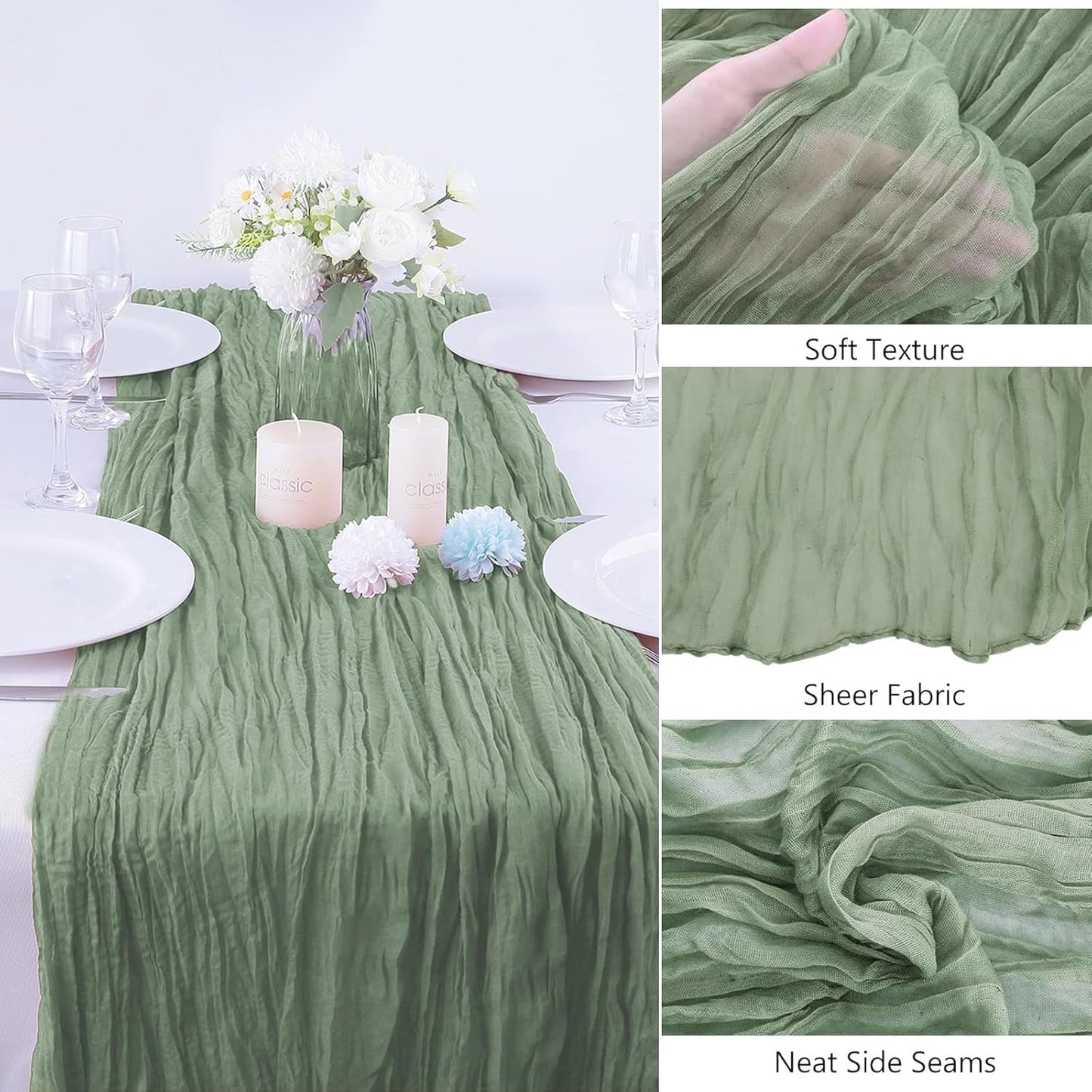 4 Pack Sage Green Cheesecloth Table Runner 35x120 Inch Boho Gauze Fabric Cheese Cloth Table Runner 10Ft Rustic Romantic Sheer Table Runners for Wedding Party Bridal Baby Shower Long Table Decoration