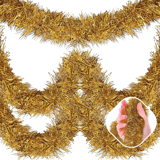 25 Feet Champagne Gold Christmas Tinsel Garland, Metallic Foil Twist Garland Wall Hanging Tinsel Banner Backdrop for Parade Floats, Easter, Mother's Day, Birthday Party Decorations (4in x 25ft)