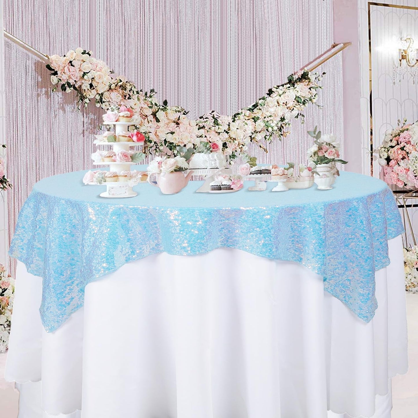 ShinyBeauty Iridescent Aqua Sequin Tablecloth Square Tablecloths Glitter Table Overlay Aqua Blue TableCover Sequin Table Cloth Small Linen for Birthday Baby Shower Decor (54”X54”)