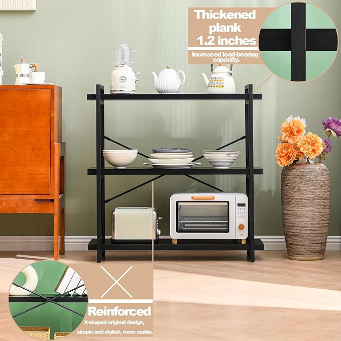 HCHQHS Bookshelf, 3-Tier Industrial Bookcase, Freestanding Horizontal - Image 5