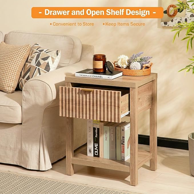 Fluted Night Stand with Golden Handle, Bedside Table with Storage Shelf - Image 6