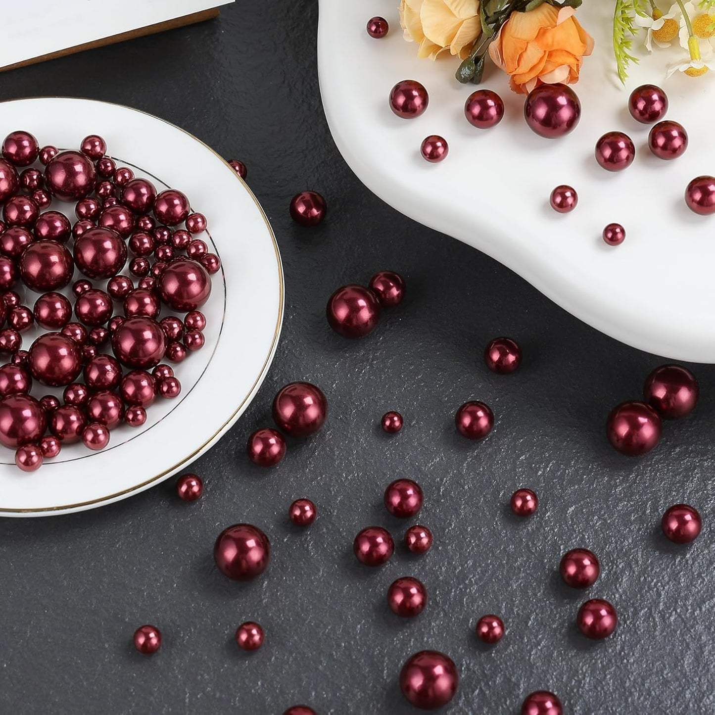 260Pcs Burgundy Glossy Beads for Centerpiece Decor, Artifical Pearls Vase Filler, No Hole Round Pearl Beads for Wedding Birthday Christmas Party Home Decor(18mm 14mm 6mm)